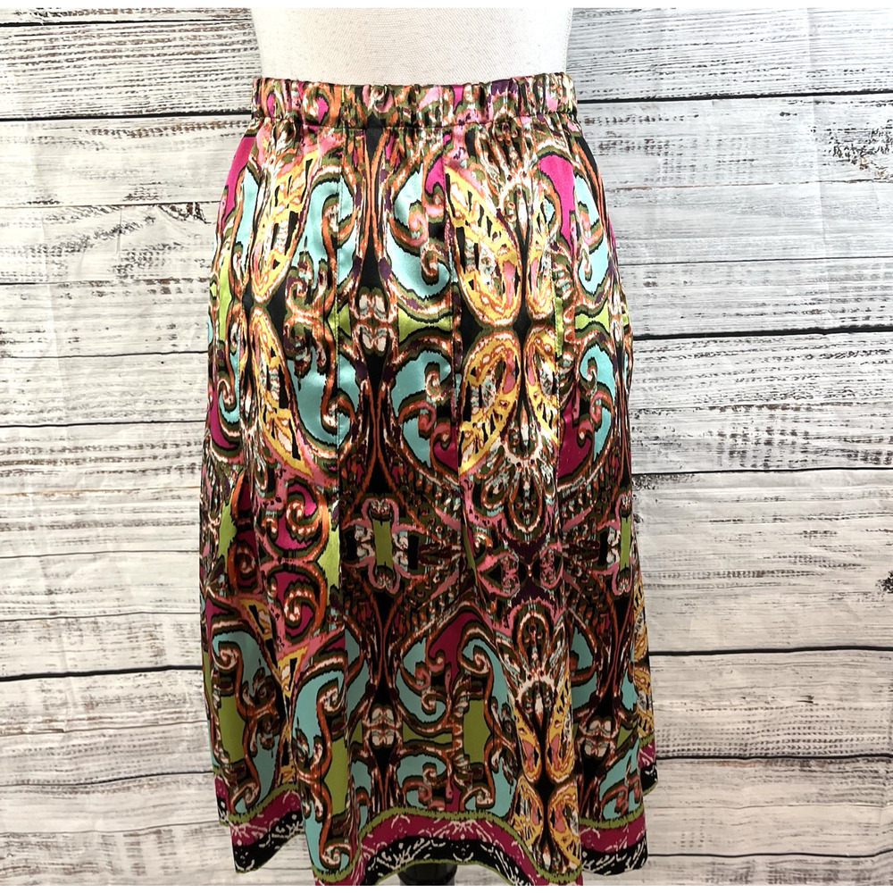 Lane Bryant Skirt sz 14 Pink Green Paisley Satin Knee A Line Modest Boho Wedding